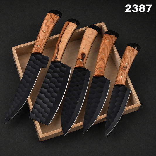 Hand Forged Carbon Steel Chef Knife Set – 5 Piece Kitchen Set with Engraved Wood Handles & Leather Sheath