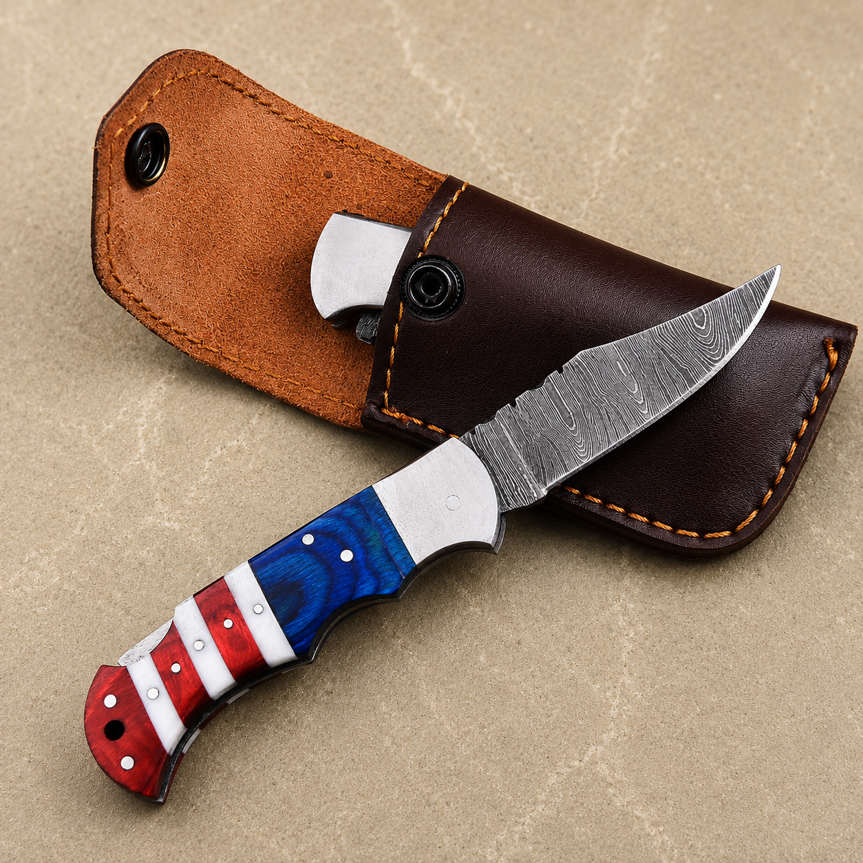Artisan Folding Damascus Steel Pocket Knife – Blue & Red  Pakka Wood & Ivory Bone Handle, Steel Bolster & Classic Back Lock