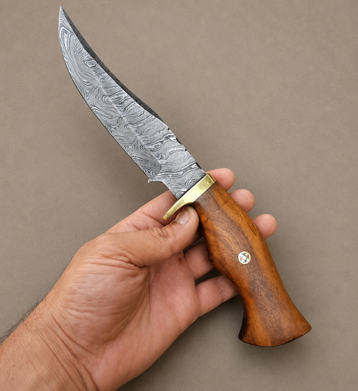 Timber Ridge Damascus Steel Knife – 512 Layer Hand Forged Blade with Wood Handle, Brass Guard & Leather Sheath