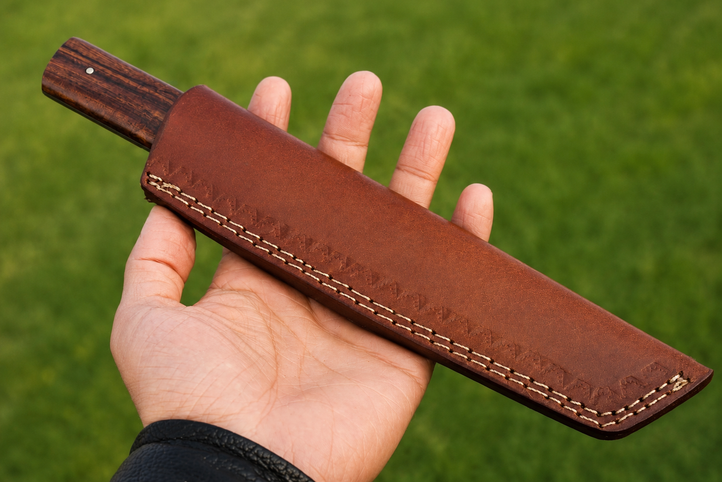Iron Peak Carbon Steel Knife – Hand Forged Angled Blade with Wood Handle & Leather Sheath