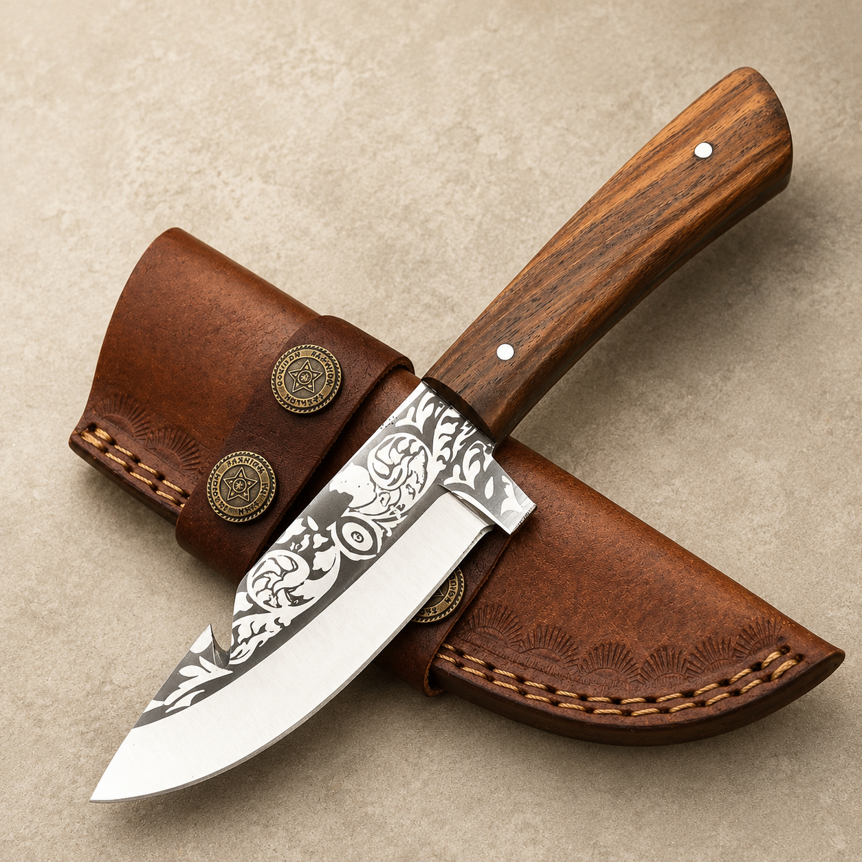 Handmade D2 Steel Outdoor Utility Blade With Wood Handle And Leather Sheath