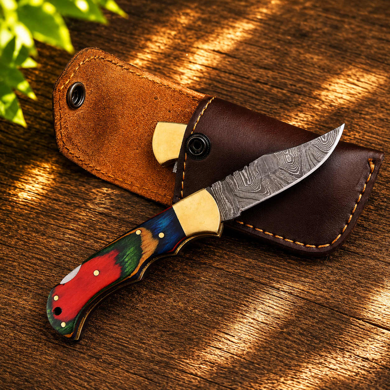 Handcrafted Damascus Steel Folding Utility Knife – Premium Outdoor Tool with Wood & Brass Handle