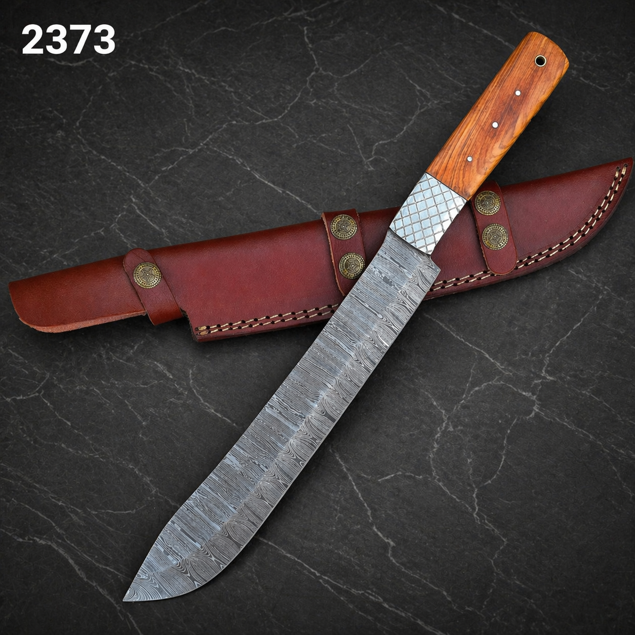 Handmade Damascus Steel Brisket Chef Knife with Wood Handle & Leather Sheath