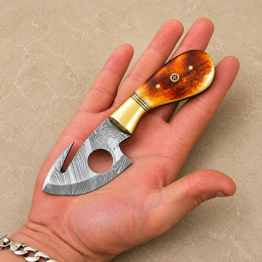 Bone Crest Damascus Steel Utility Knife – 512 Layer Hand Forged Compact Fixed Blade with Bone Handle & Leather Sheath