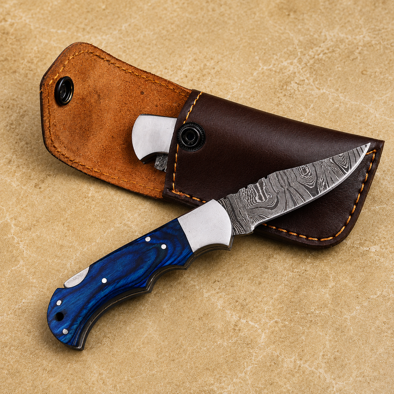 Artisan Damascus Steel Outdoor Folding Pocket Knife – Blue Pukka Wood Handle | Steel Bolster | Classic Back Lock