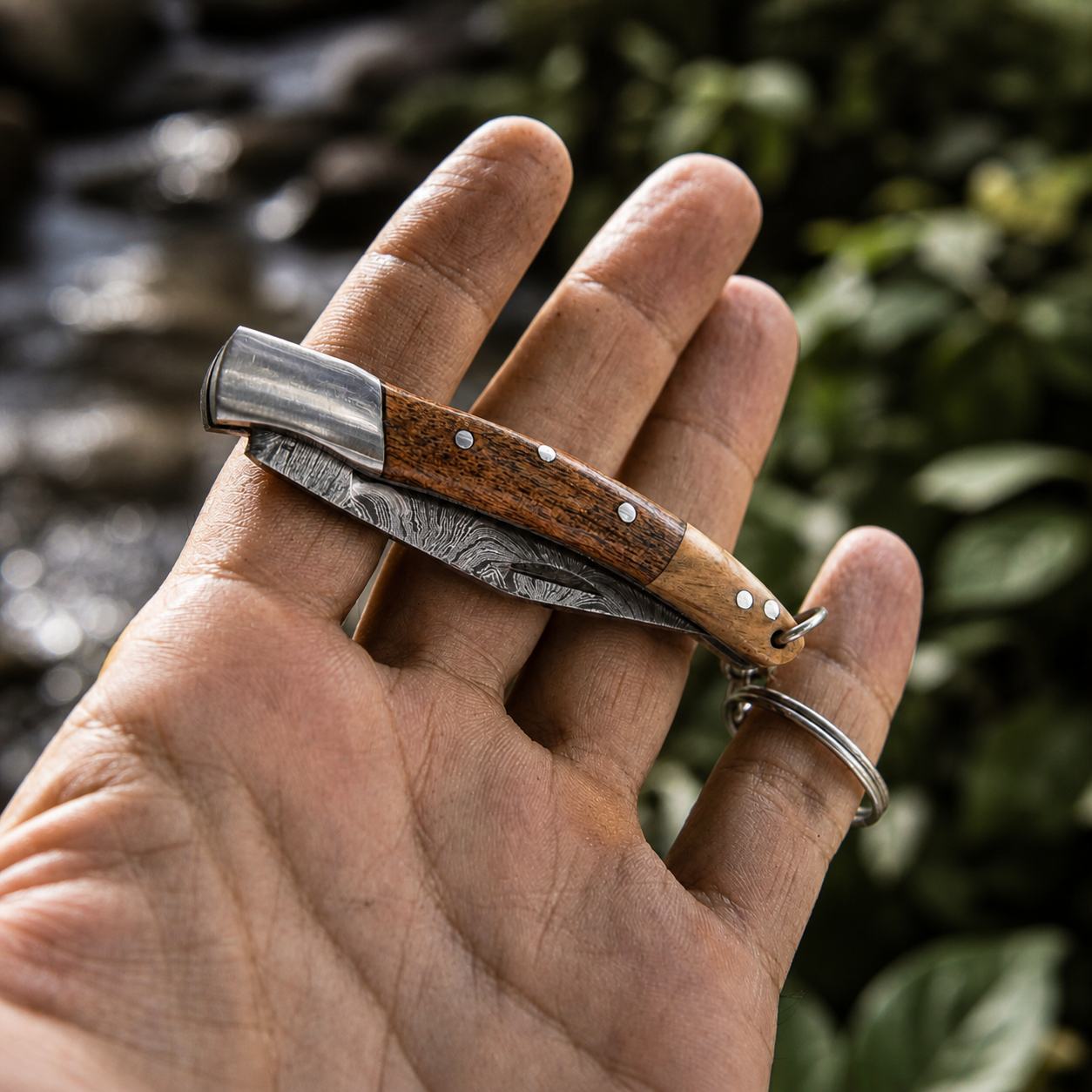 Hand Forged Damascus Steel Folding Knife – 3” Compact Pocket Knife with Wood & Steel Handle (512 Layers)