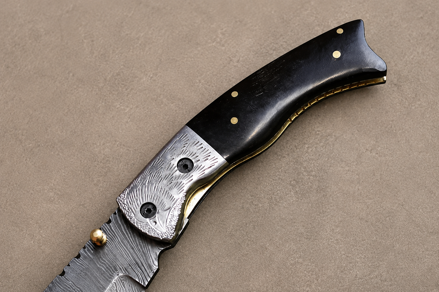 Hand Forged Damascus Steel Folding Knife with Bull Horn Handle