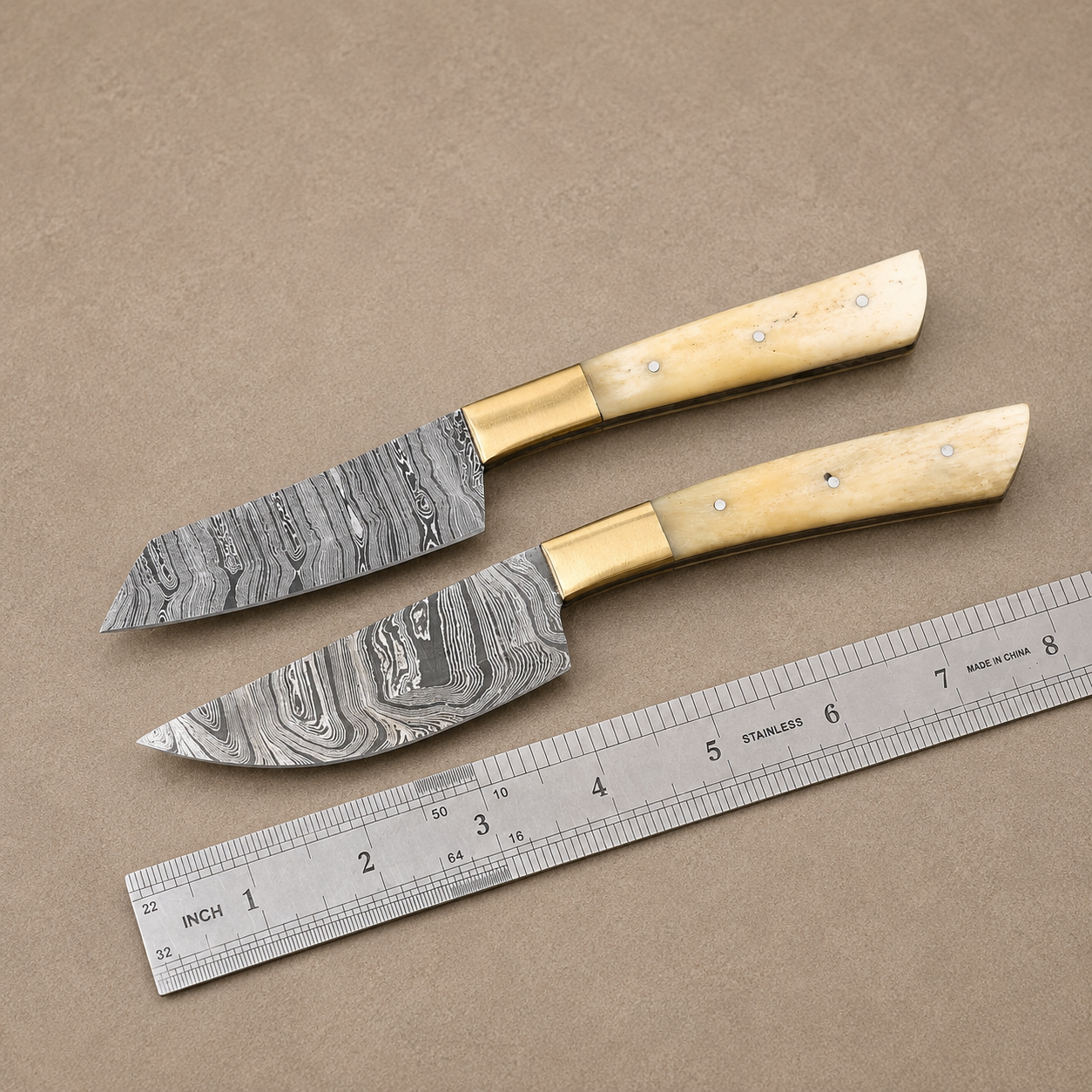 Handmade Damascus Steel Steak Knife Kitchen Set with Bone & Brass Handle – 512 Layers Twist Pattern Chef Knives