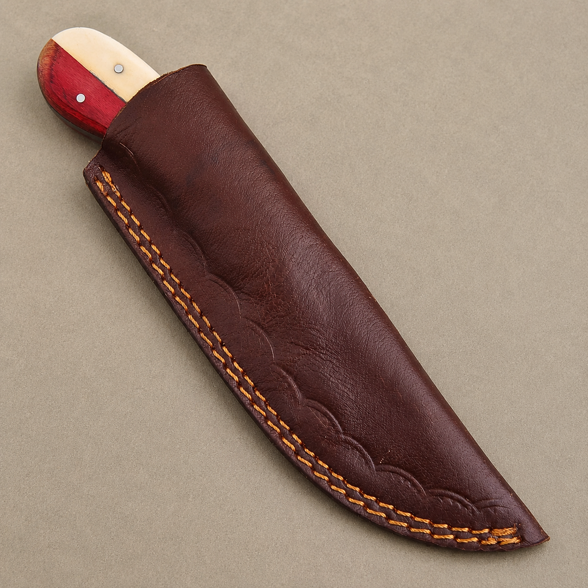 Damascus Steel Fixed Blade Knife with Texas Flag Color Bone & Pakka Wood Handle, Genuine Leather Sheath