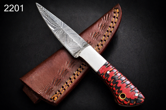 Hand Forged Damascus Steel Skinner Style Fixed Blade Knife with Wood Handle & Leather Sheath – 512 Layers Compact EDC Knife
