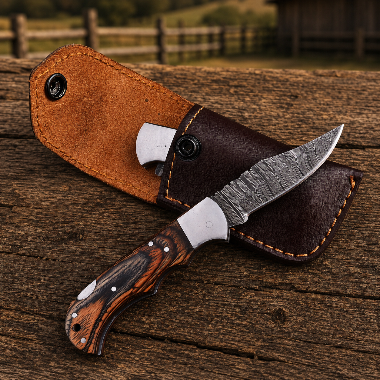 Artisan Folding Damascus Steel Pocket Knife – Brown Pukka Wood Handle | Steel Bolster | Classic Back Lock