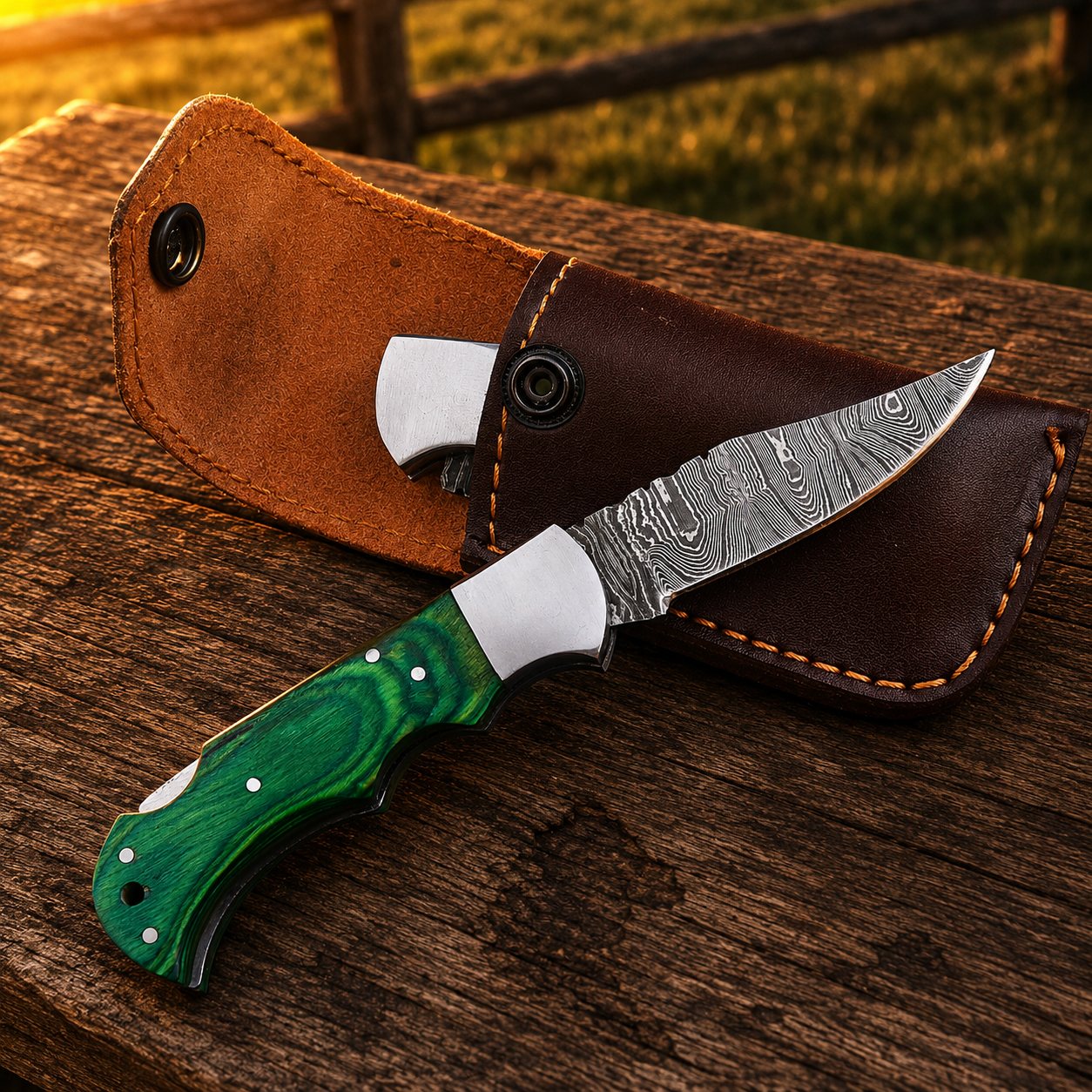 Artisan Folding Damascus Steel Knife – Premium Wood Handle | Steel Bolster |Green Handle| Classic Lock back
