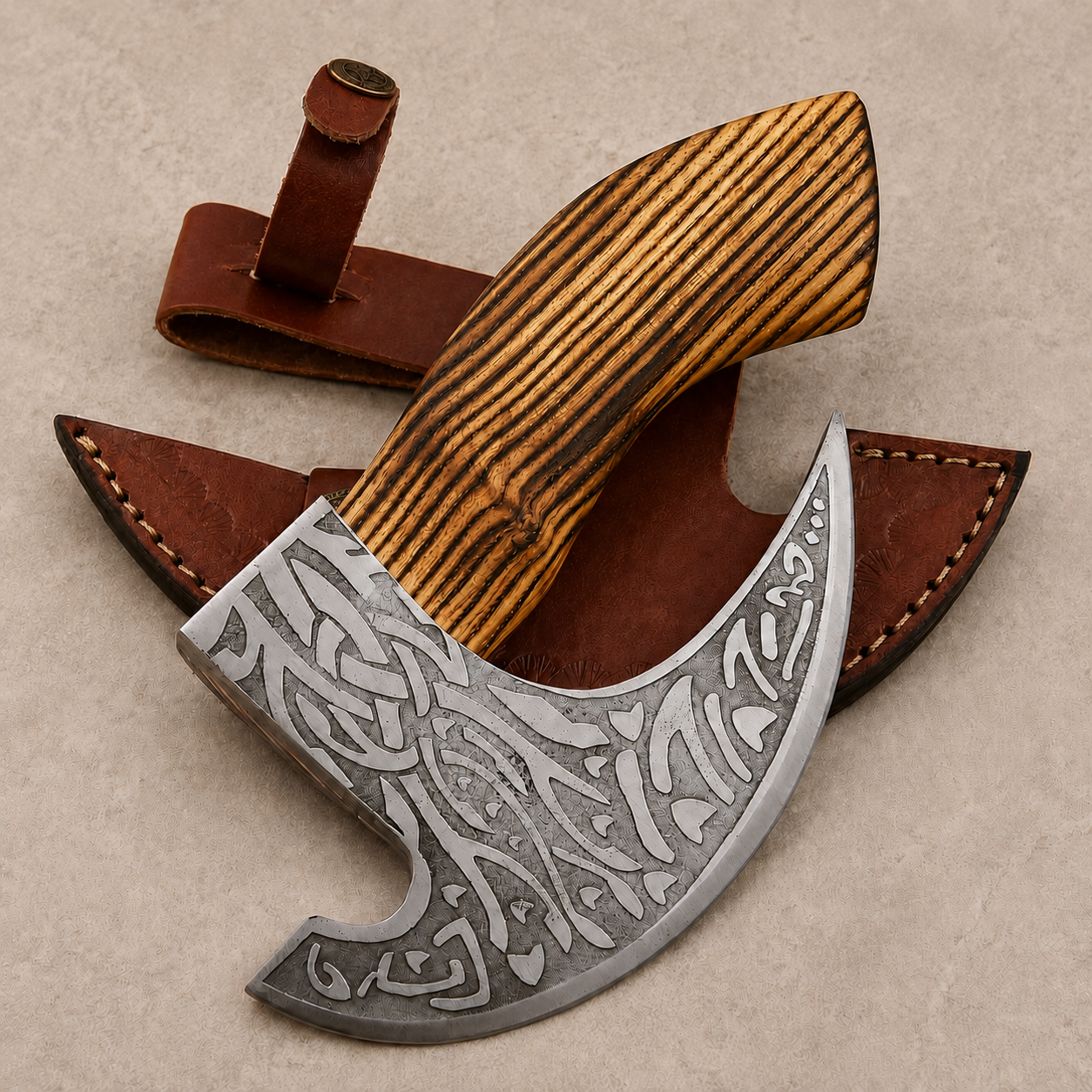 Rustic Pizza Axe Cutter – Hand Forged Carbon Steel Pizza Cutter with Leather Sheath
