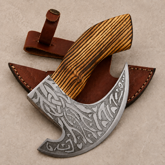 Rustic Pizza Axe Cutter – Hand Forged Carbon Steel Pizza Cutter with Leather Sheath