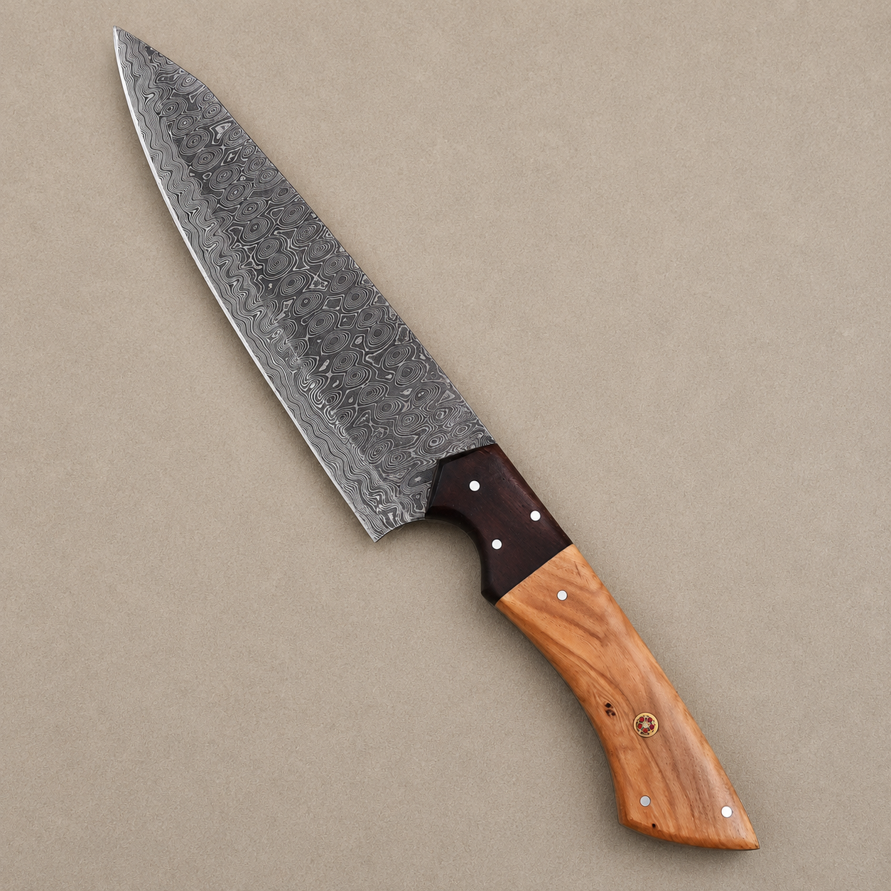Olive Ridge Elite Damascus Chef Knife – Handmade Premium Damascus Steel with Olive Wood & Rosewood Handle | 12" Full Tang