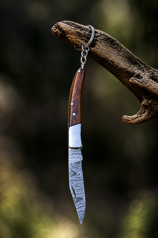 Hand Forged Damascus Steel Folding Knife Keychain – 3” Mini Pocket Knife with Wood & Steel Handle (512 Layers)