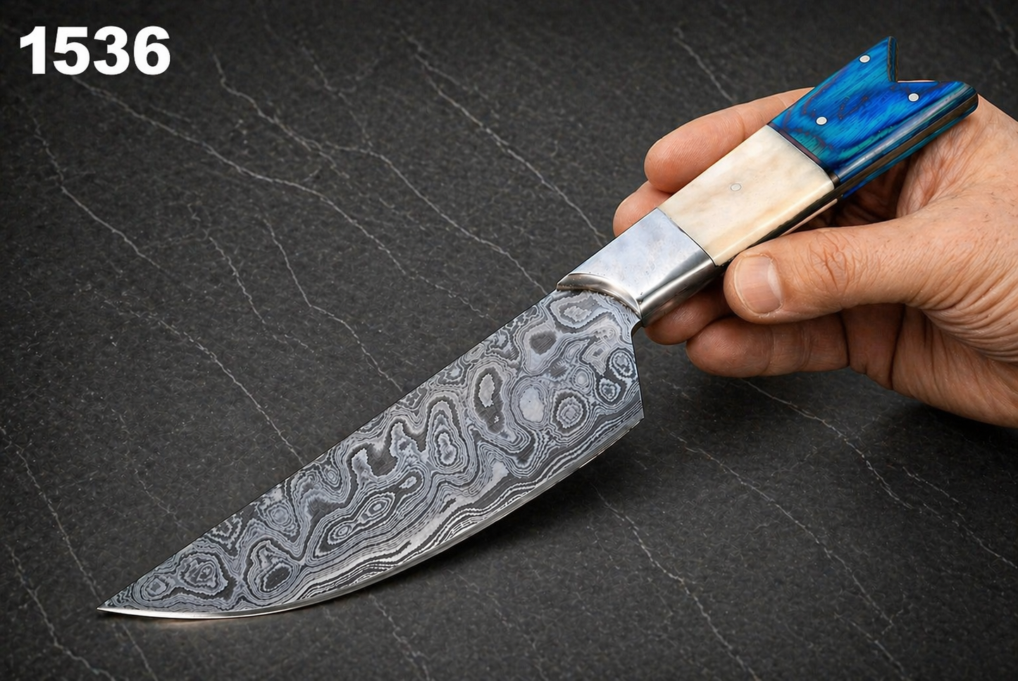 Hand Forged Damascus Steel Chef Knife – 8 Inch Blade with Camel Bone & Stained Wood Handle