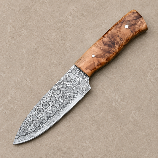 Rain Drop Damascus Steel Utility Knife – Hand Forged 512-Layer Fixed Blade with Natural Wood Handle & Leather Sheath