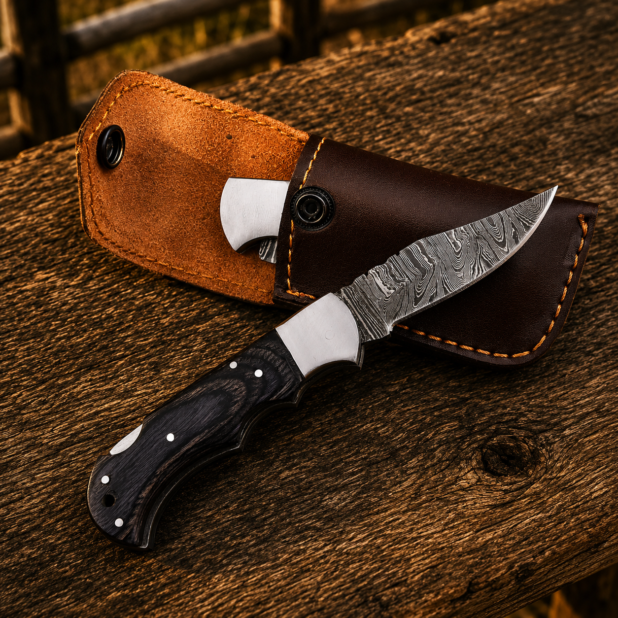 Artisan Folding Damascus Steel Pocket Knife – Black Pukka Wood Handle | Steel Bolster | Classic Back Lock