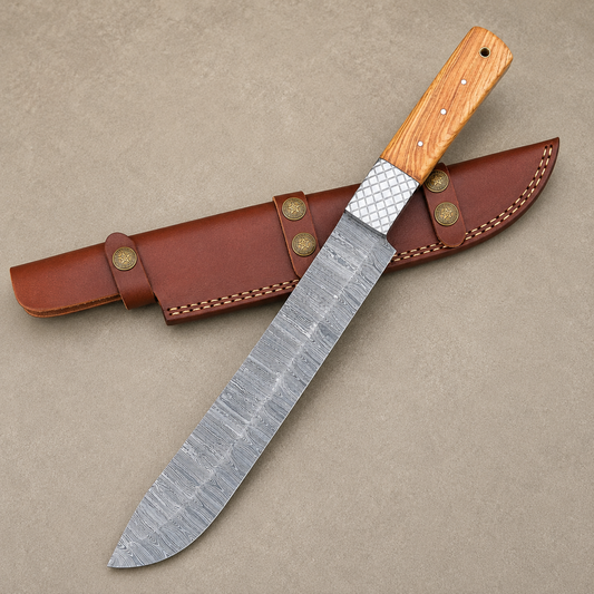 Handmade Damascus Steel Brisket Chef Knife with Wood Handle & Leather Sheath