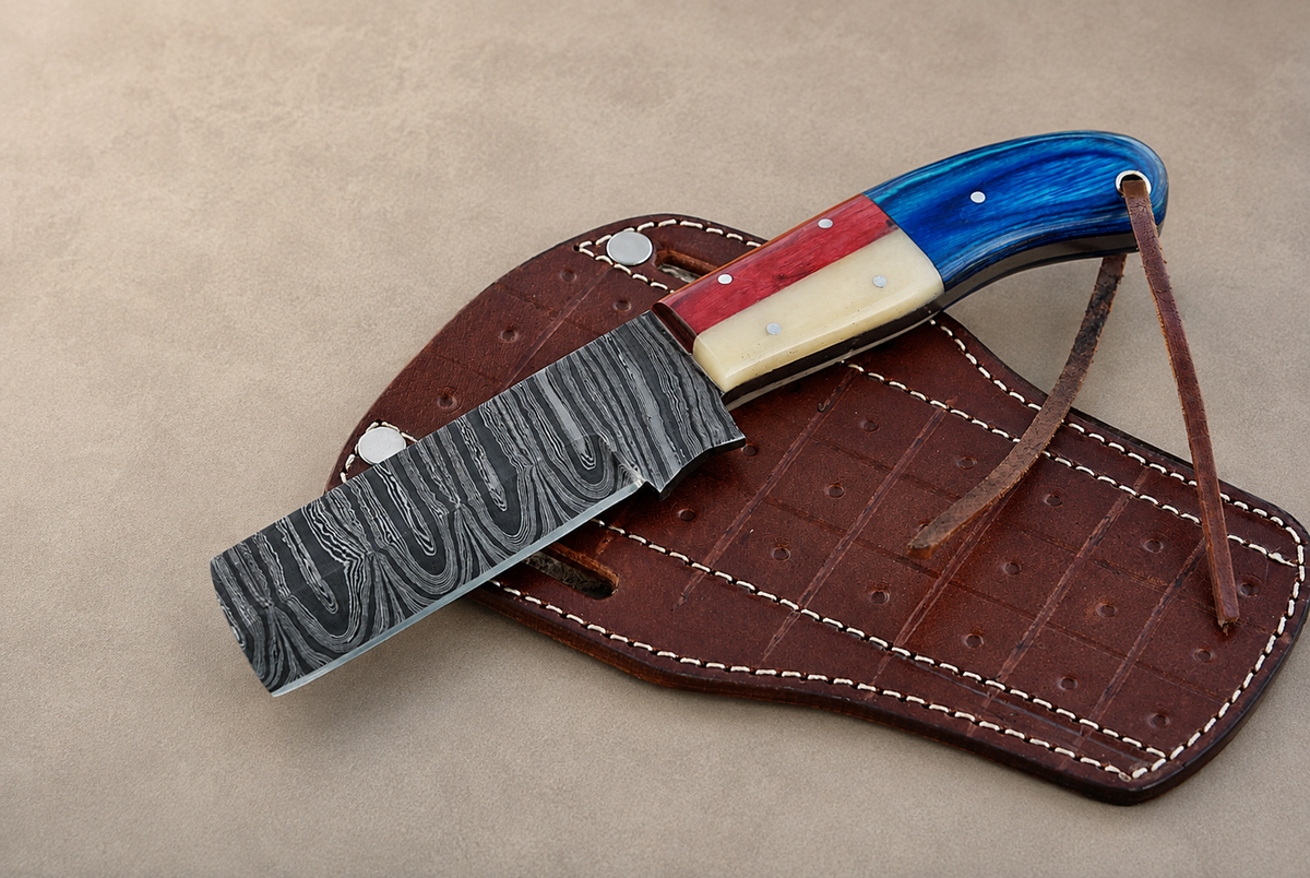 Heritage Trail Damascus Steel Utility Knife – 512 Layer Hand Forged Fixed Blade with Wood & Bone Handle, Leather Sheath