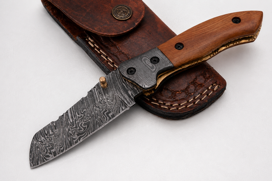 Handmade 512-Layer Damascus Steel Folding Utility Knife with Olive Wood Handle & Leather Sheath