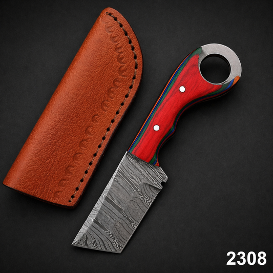 Custom Hand-Forged Damascus Steel Compact Utility Tool with Wood Handle – 512 Layers Handmade Collectible with Leather Sheath