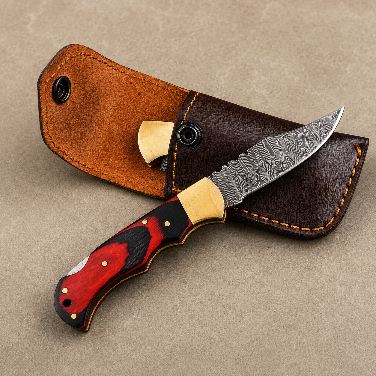 Artisan Folding Knife – Red Pakka Wood Handle, Brass Bolsters, Back Lock & Leather Sheath