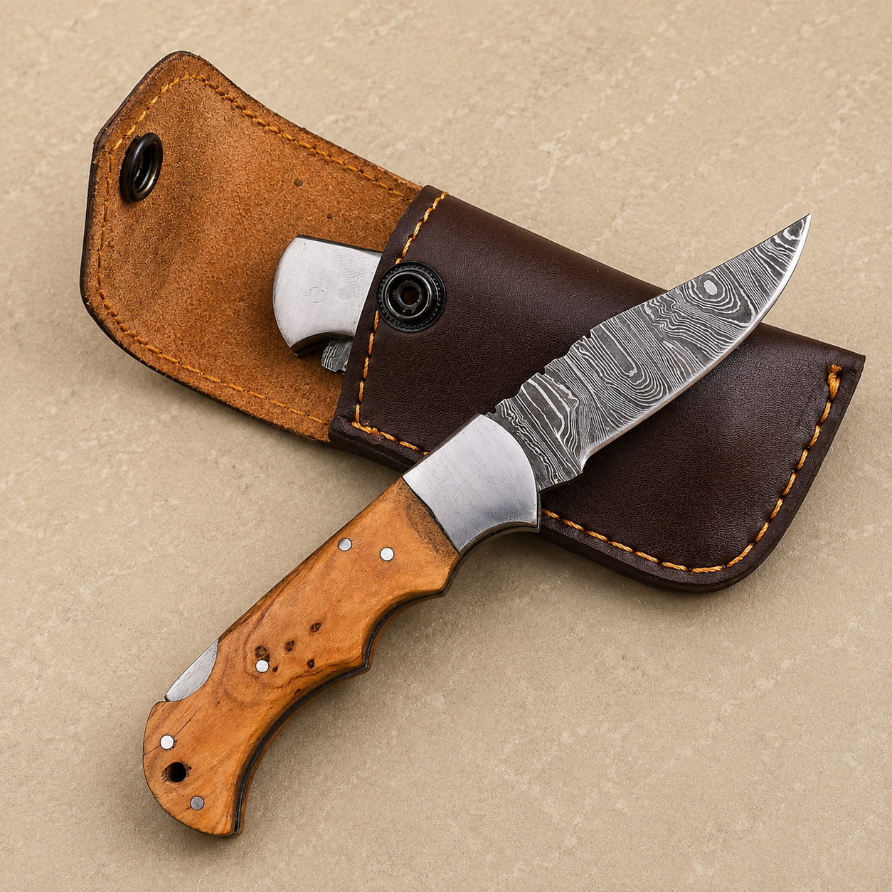 Hand Forged Folding Damascus Steel Pocket Knife – Premium Wood Handle | Steel Bolster | Back Lock Design