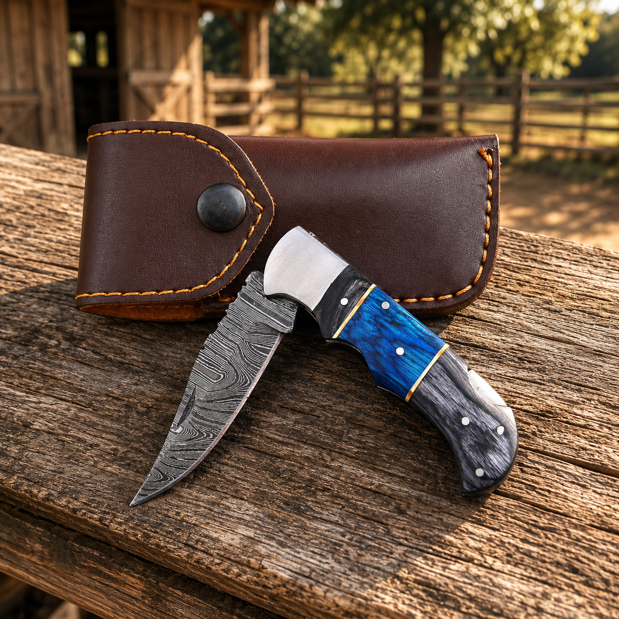 Hand Forged Damascus Folding Knife – Steel Bolster Pakka Wood Pocket Knife with Leather Sheath {Custom Engraving Available}