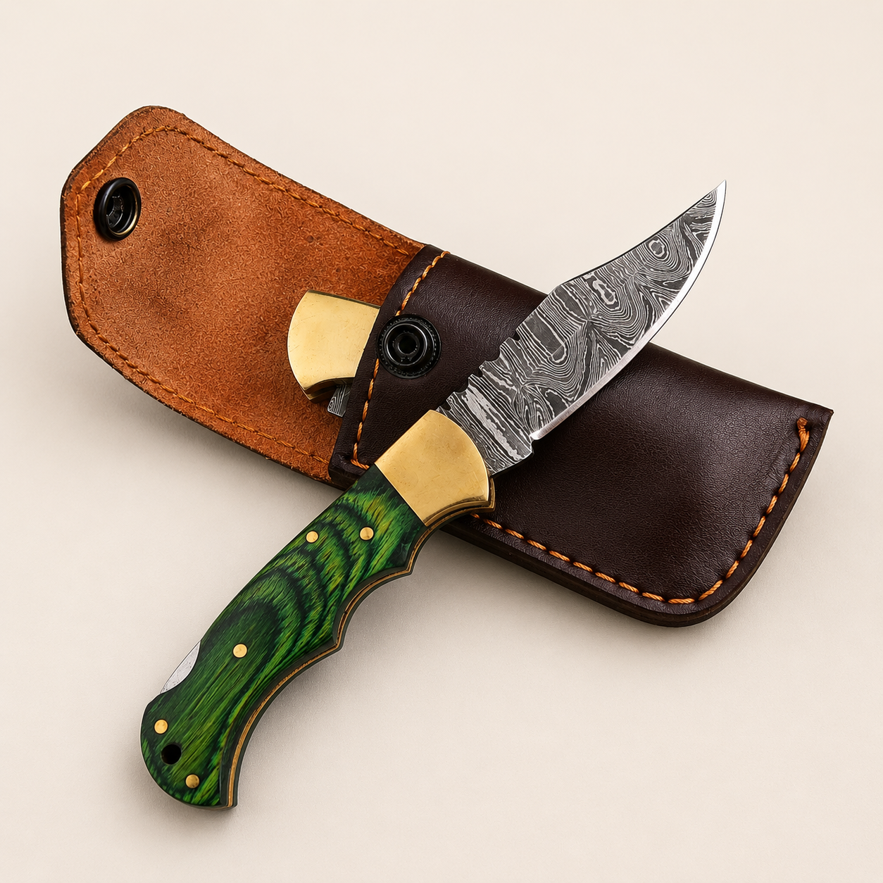 Artisan Folding Knife – Premium Green Pakka Wood Handle & Leather Sheath