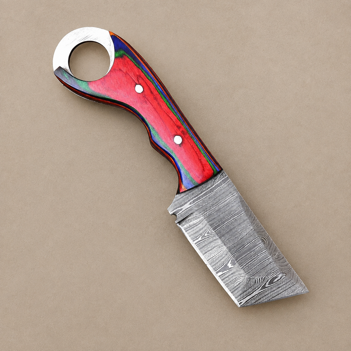 Custom Hand-Forged Damascus Steel Compact Utility Tool with Wood Handle – 512 Layers Handmade Collectible with Leather Sheath