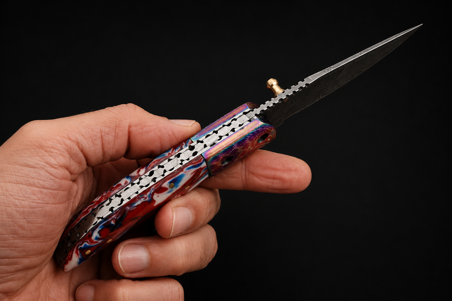 Hand Forged Damascus Steel Folding Pocket Knife with Risen & Bolster Handle – 512 Layers EDC Knife with Leather Sheath