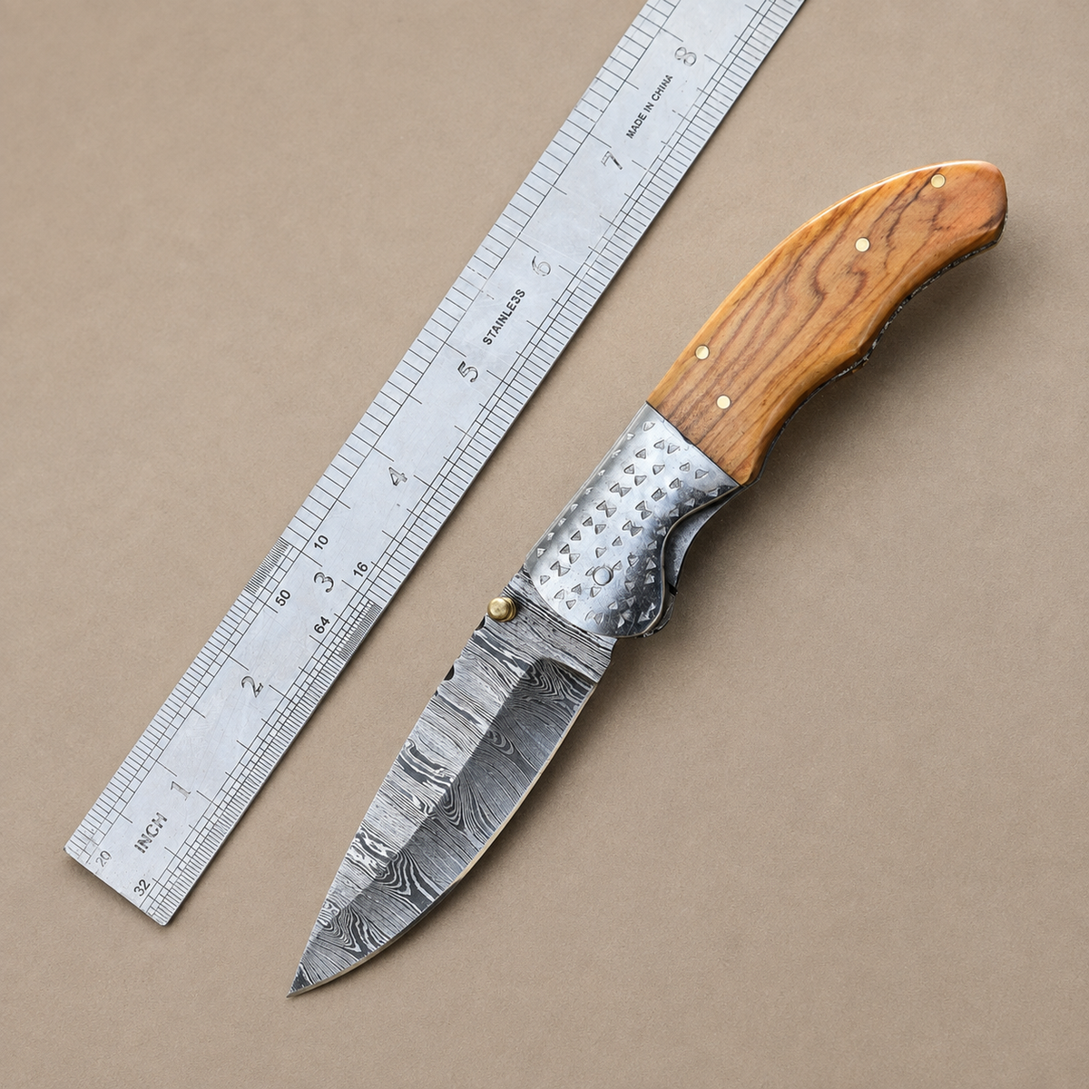 Hand Forged Damascus Steel Folding Pocket Knife with Wood Handle