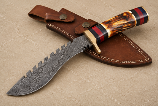 Heritage Curve Damascus Steel Utility Knife – 12” Hand Forged 512 Layer Blade with Camel Bone Handle & Leather Sheath