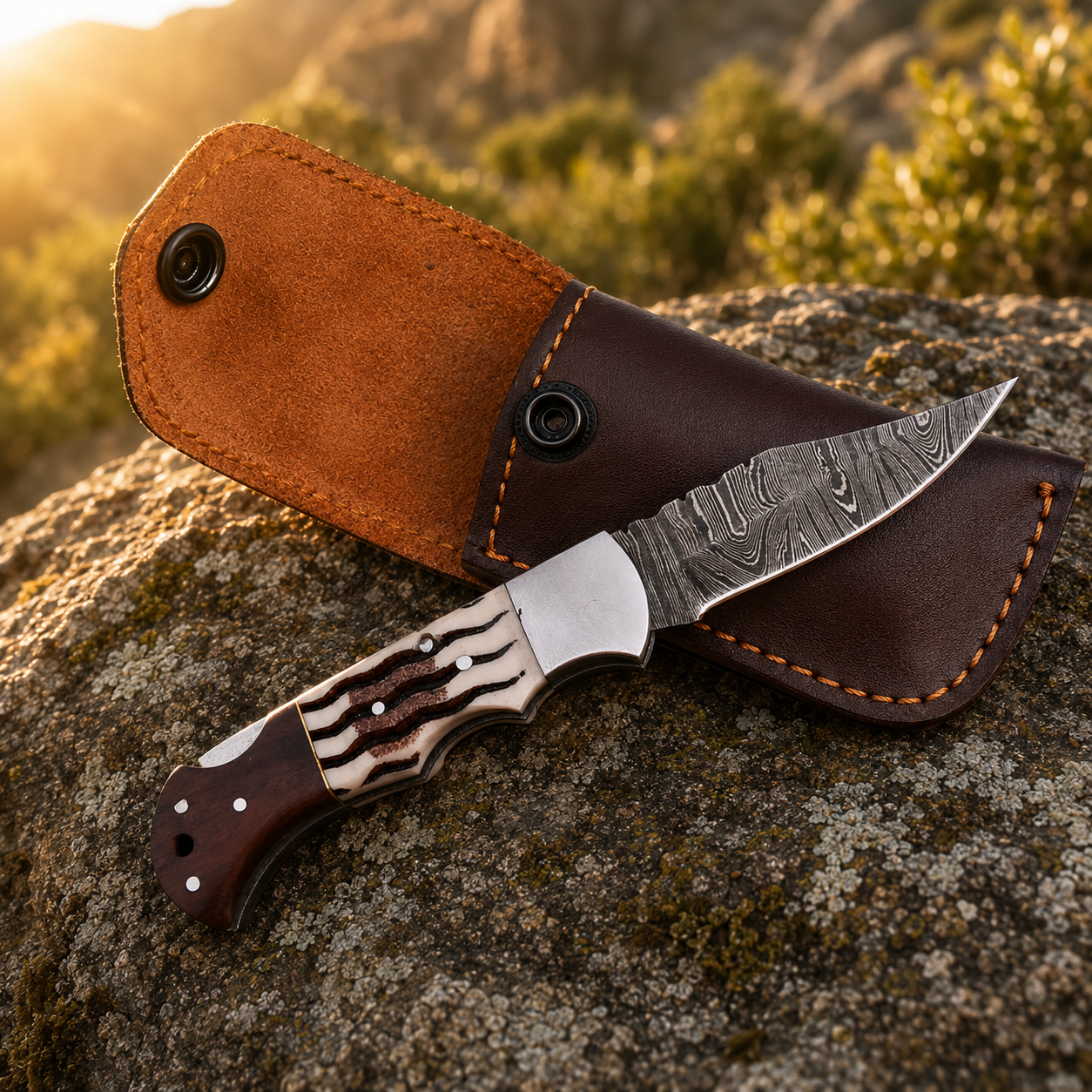 Personalized Damascus Folding Knife – Rosewood & Horn Handle Pocket Knife with Custom Engraving & Leather Sheath
