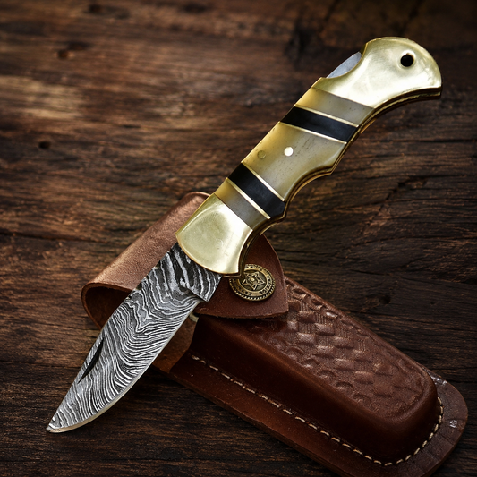 Handcrafted Damascus Steel Outdoor Folding Pocket Knife – Premium EDC Outdoor Essential with Camel Bone & Brass Handle