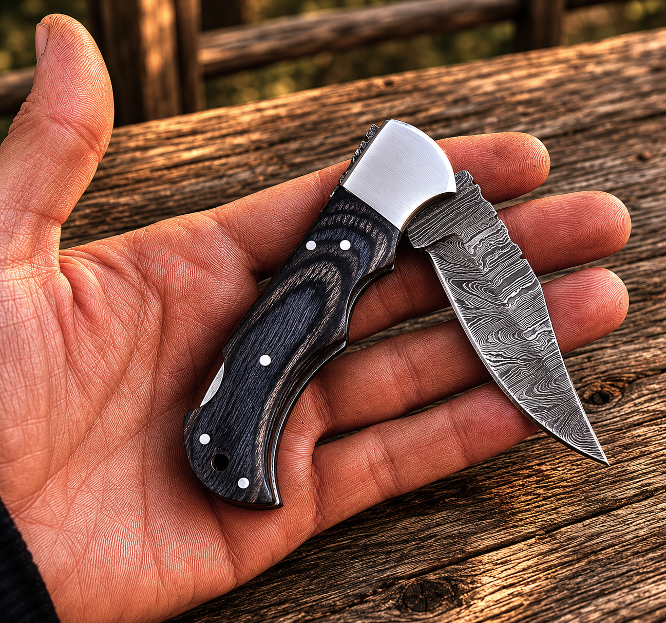 Artisan Folding Damascus Steel Pocket Knife – Black Pukka Wood Handle | Steel Bolster | Classic Back Lock