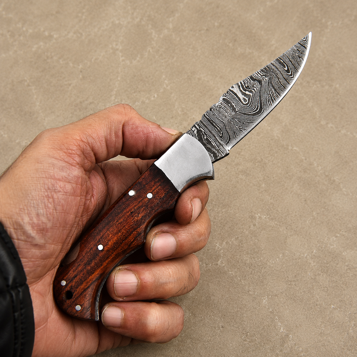 Artisan Damascus Folding Knife – Mocha Brown Rose Wood Handle