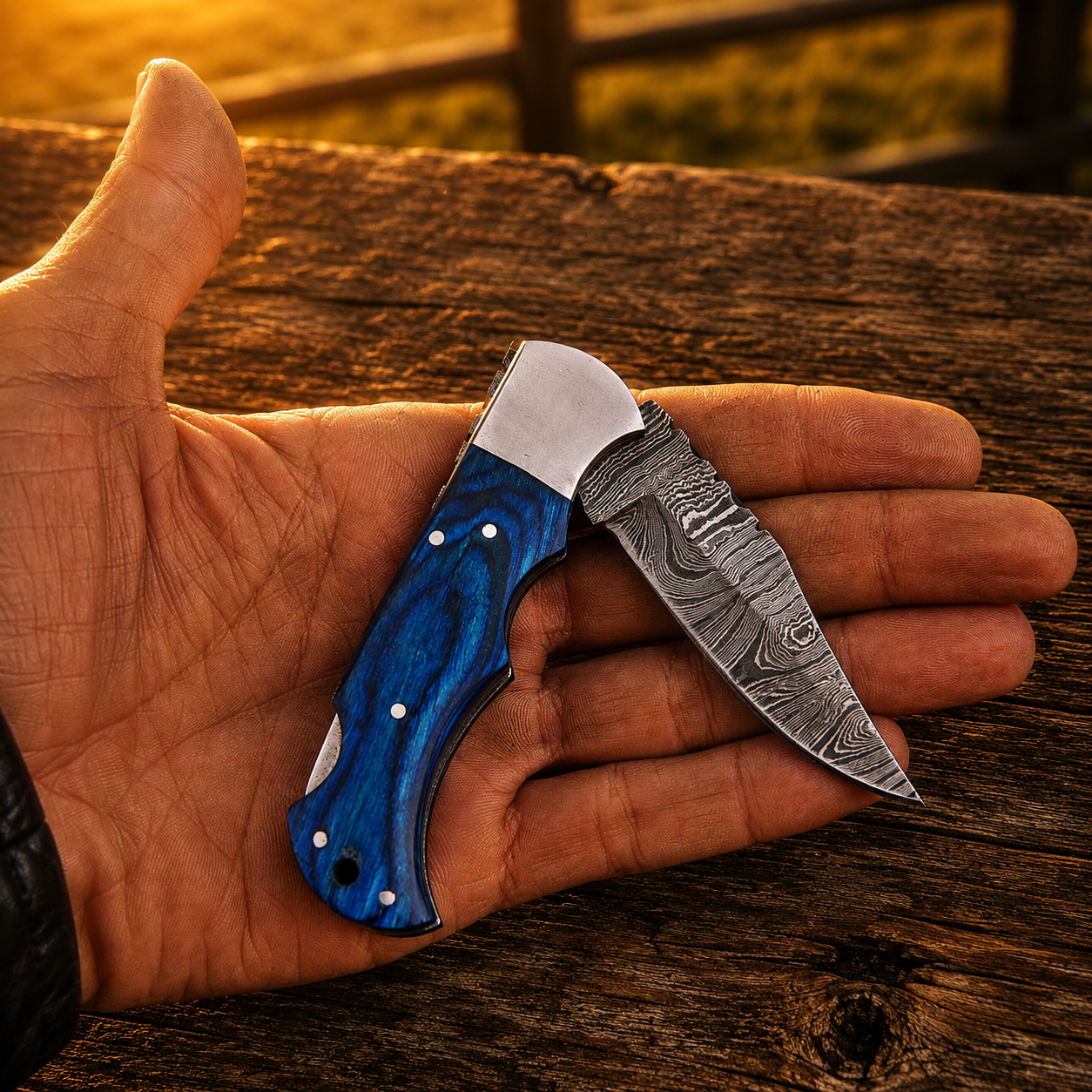Artisan Folding Damascus Steel Pocket Knife – Blue Pukka Wood Handle | Steel Bolster | Classic Back Lock