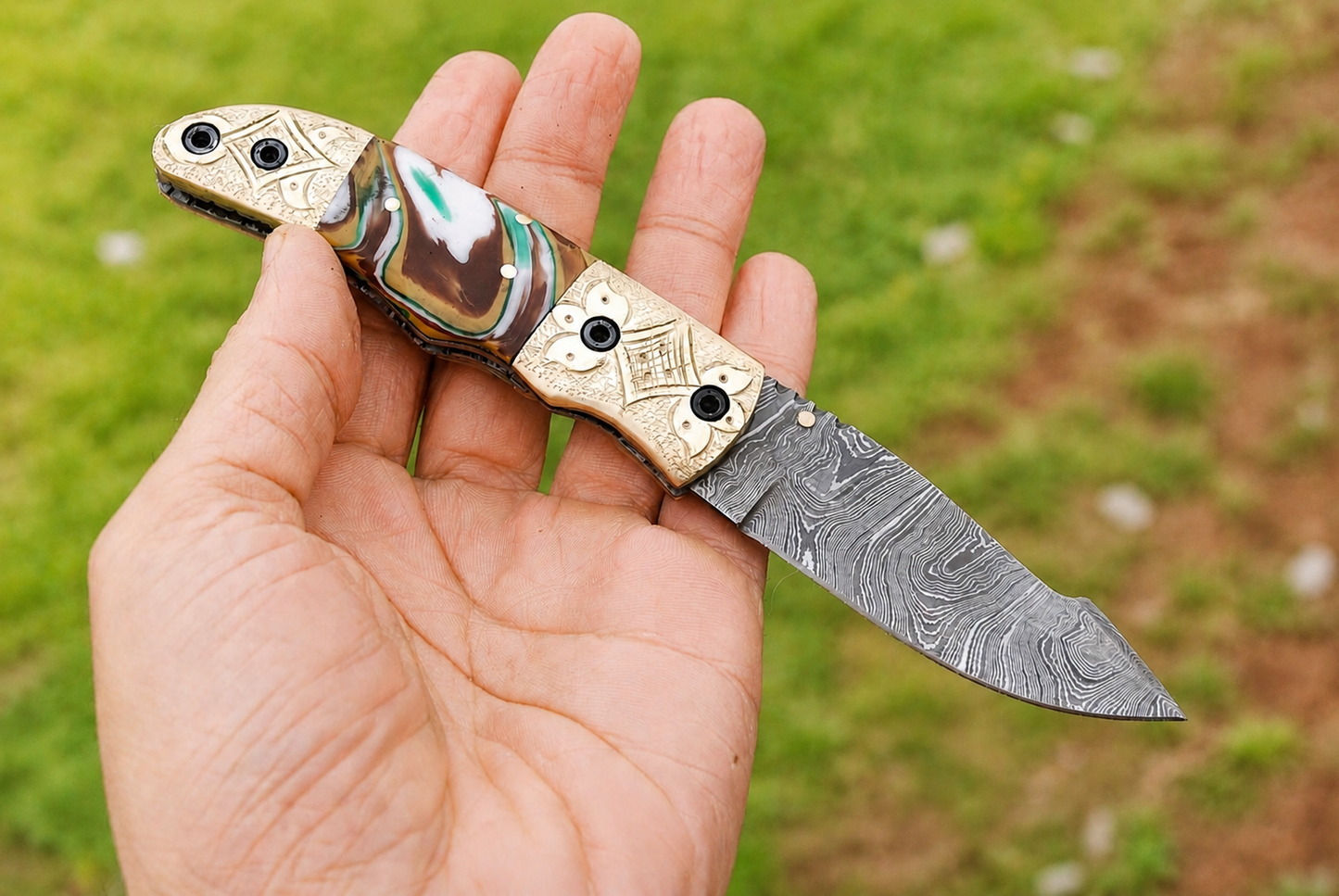 Hand Forged Damascus Steel Folding Pocket Knife – 512 Layers with Wood & Steel Bolster Handle and Leather Sheath