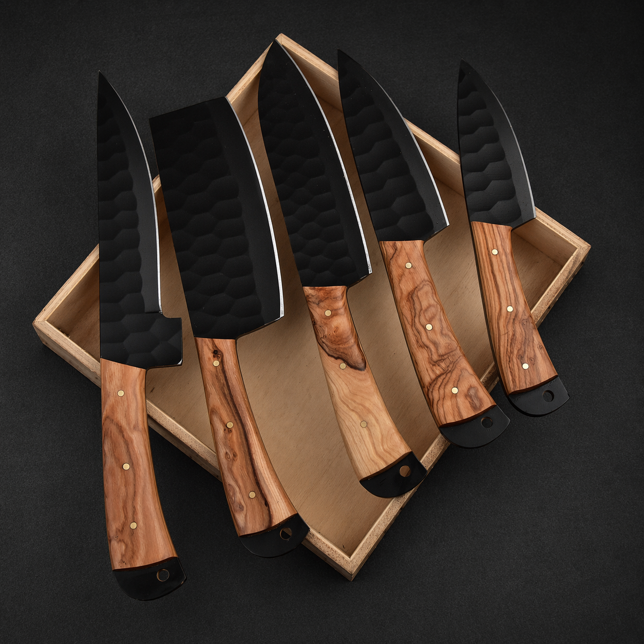 Hand Forged Carbon Steel Chef Knife Set – 5 Piece Kitchen Set with Engraved Wood Handles & Leather Sheath