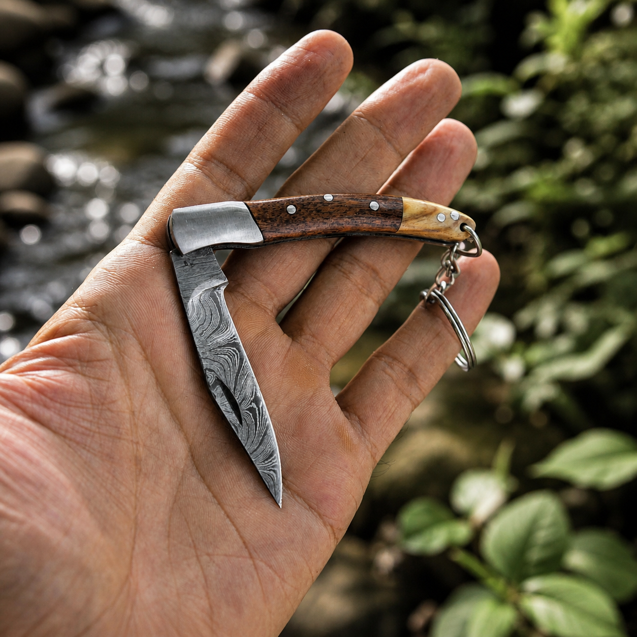 Hand Forged Damascus Steel Folding Knife – 3” Compact Pocket Knife with Wood & Steel Handle (512 Layers)