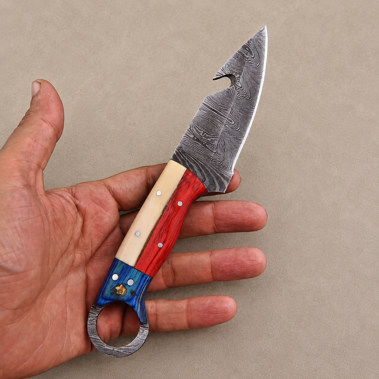 Hand Forged Damascus Steel Fixed Blade Knife with Texas Flag Bone & Wood Handl