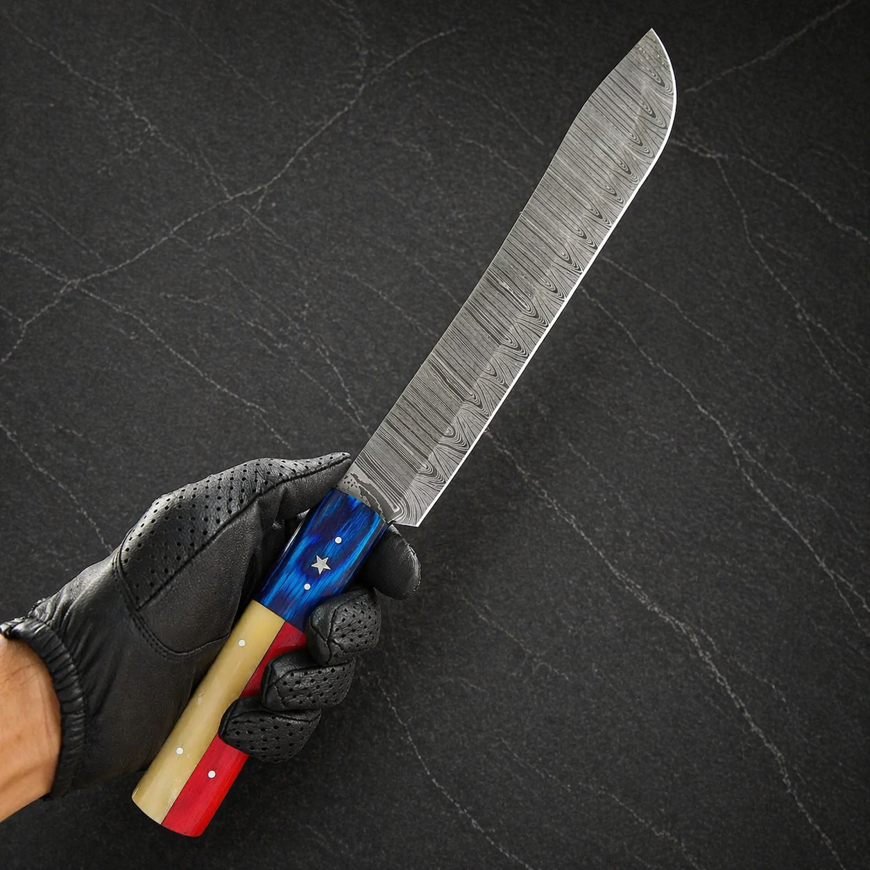 Hand Forged Damascus Steel Brisket Chef Knife – 10” Blade with Texas Flag Handle | 512 Layers