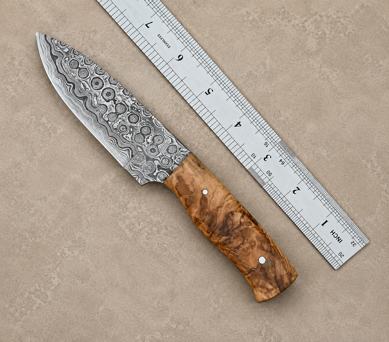 Rain Drop Damascus Steel Utility Knife – Hand Forged 512-Layer Fixed Blade with Natural Wood Handle & Leather Sheath