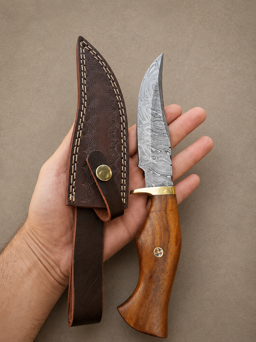 Timber Ridge Damascus Steel Knife – 512 Layer Hand Forged Blade with Wood Handle, Brass Guard & Leather Sheath
