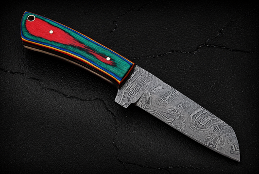 Hand Forged Damascus Steel Fixed Blade Tool with Wood Handle – Compact Utility Tool with Leather Sheath