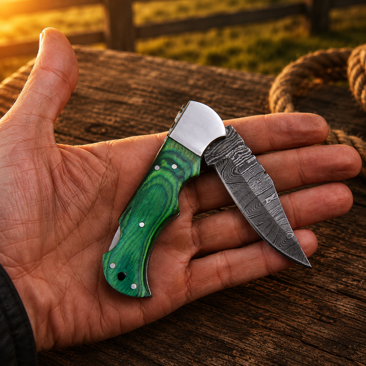 Artisan Folding Damascus Steel Knife – Premium Wood Handle | Steel Bolster |Green Handle| Classic Lock back