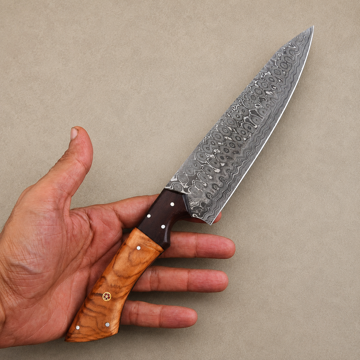 Olive Ridge Elite Damascus Chef Knife – Handmade Premium Damascus Steel with Olive Wood & Rosewood Handle | 12" Full Tang